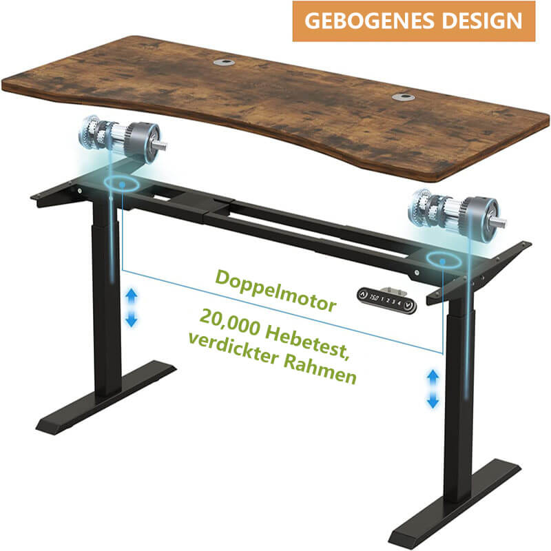 150 x 72cm Schreibtisch Höhenverstellbar Elektrisch,  mit zwei Motoren, mit 4-Funktions-Memory-Steuerung, Rollen, Weiß, Rustikales Braun