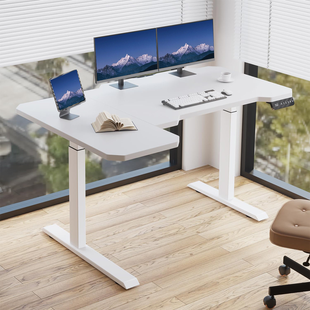 Hilodesk 150cm L-förmiger schreibtisch elektrisch höhenverstellbar eckschreibtisch, mit zwei Motoren, l förmiger tisch stehpult