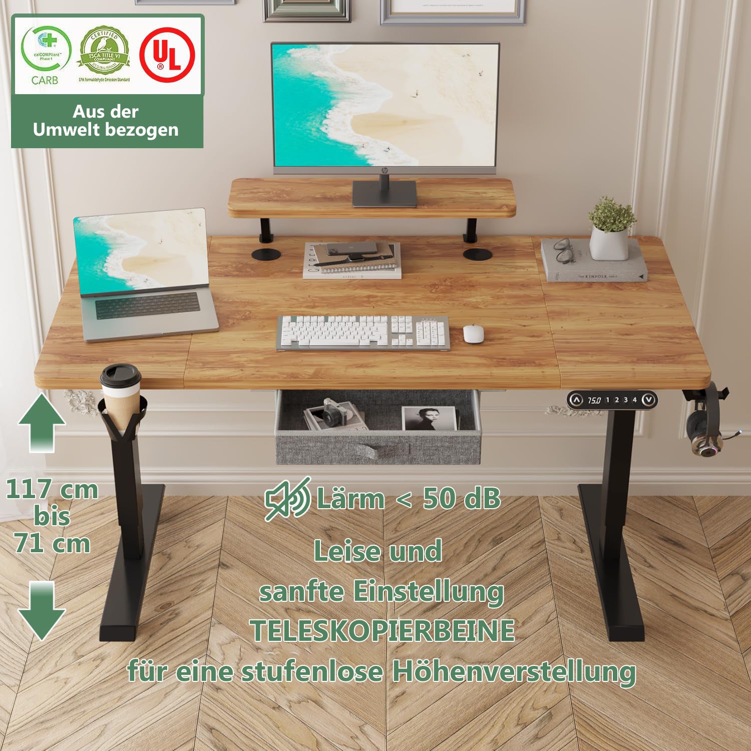 55" x 30" Height Adjustable Electric Sit and Stand for Home&Office with Monitor Stand and Drawer