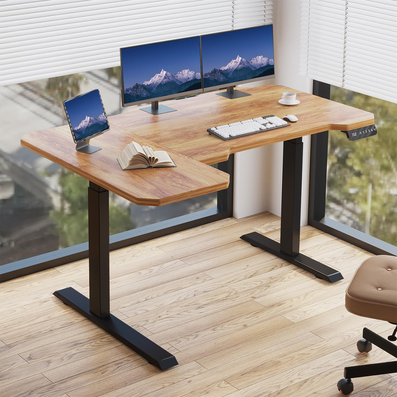 Hilodesk 150cm L-förmiger schreibtisch elektrisch höhenverstellbar eckschreibtisch, mit zwei Motoren, l förmiger tisch stehpult