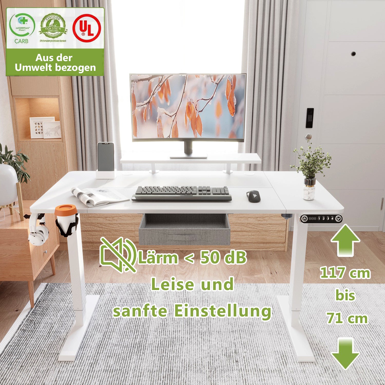 55" x 30" Height Adjustable Electric Sit and Stand for Home&Office with Monitor Stand and Drawer