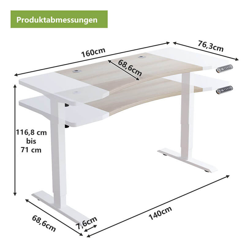 63" x 30" Premium Dual Motor Height Adjustable Standing Desk, Brown or White