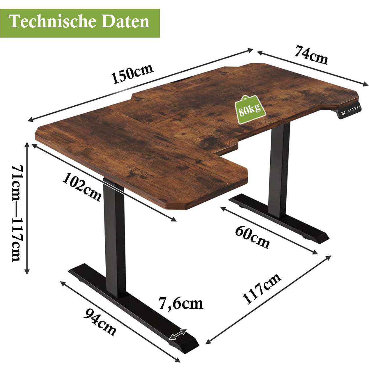 Hilodesk 150cm L-förmiger schreibtisch elektrisch höhenverstellbar eckschreibtisch, mit zwei Motoren, l förmiger tisch stehpult