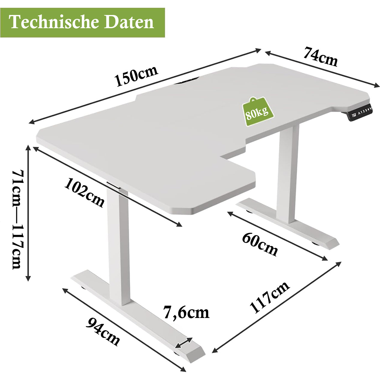Hilodesk 150cm L-förmiger schreibtisch elektrisch höhenverstellbar eckschreibtisch, mit zwei Motoren, l förmiger tisch stehpult