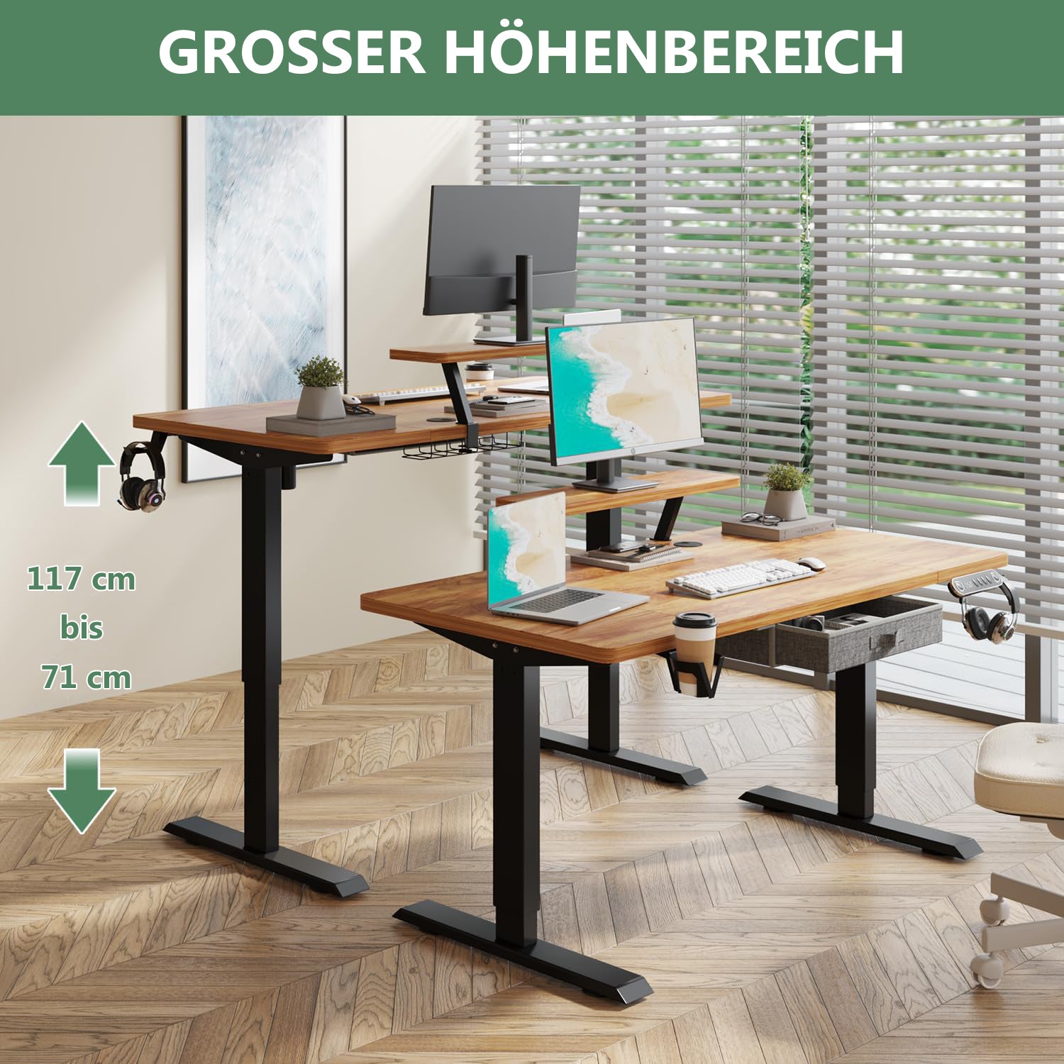 55" x 30" Height Adjustable Electric Sit and Stand for Home&Office with Monitor Stand and Drawer