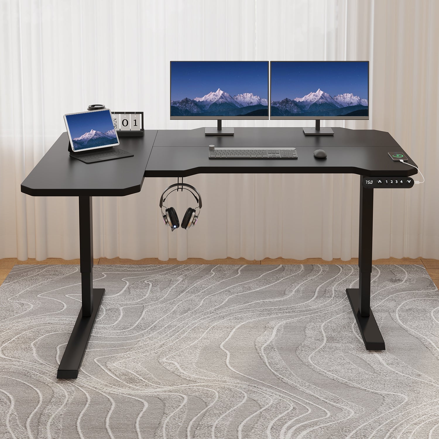 59" x 24"  L-Shaped Standing Desk Adjustable Electric Sit and Stand for Home & Office with Wheels, Brown, Black, Oak