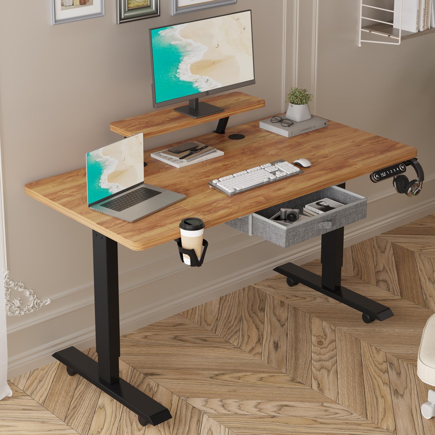 55" x 30" Height Adjustable Electric Sit and Stand for Home&Office with Monitor Stand and Drawer