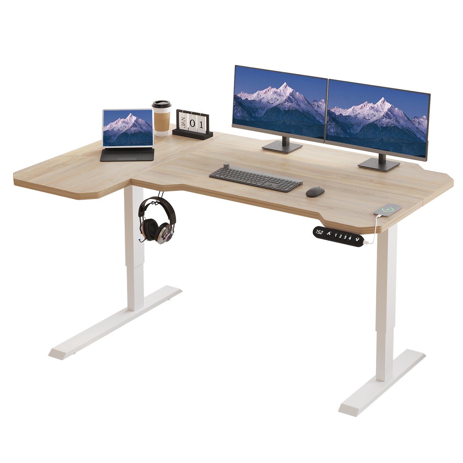 150 x 100cm Schreibtisch Höhenverstellbar Elektrisch, L-förmiger Stehpult, Rollen, Rustikales Braun, Schwarz, Helle Eiche