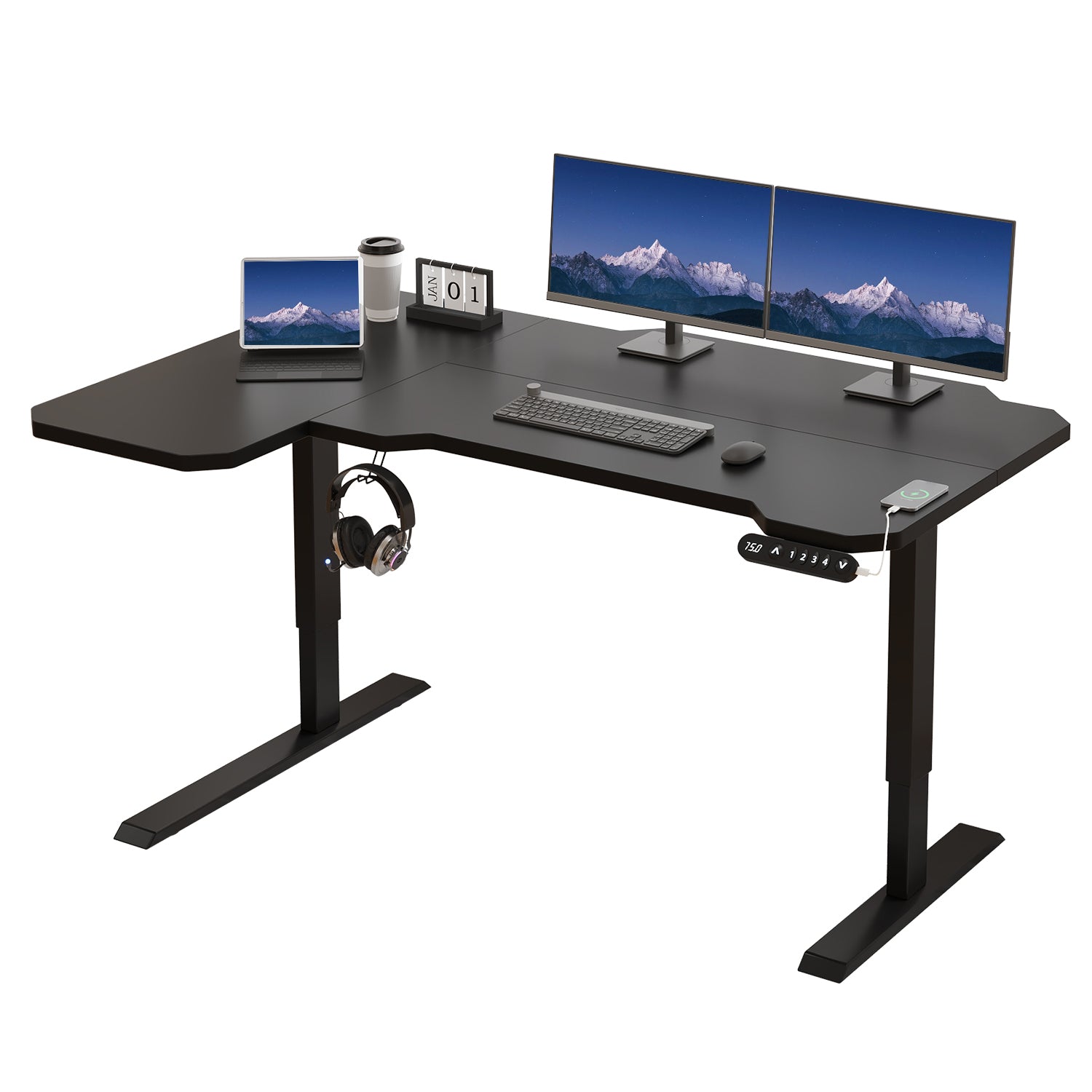 150 x 100cm Schreibtisch Höhenverstellbar Elektrisch, L-förmiger Stehpult, Rollen, Rustikales Braun, Schwarz, Helle Eiche