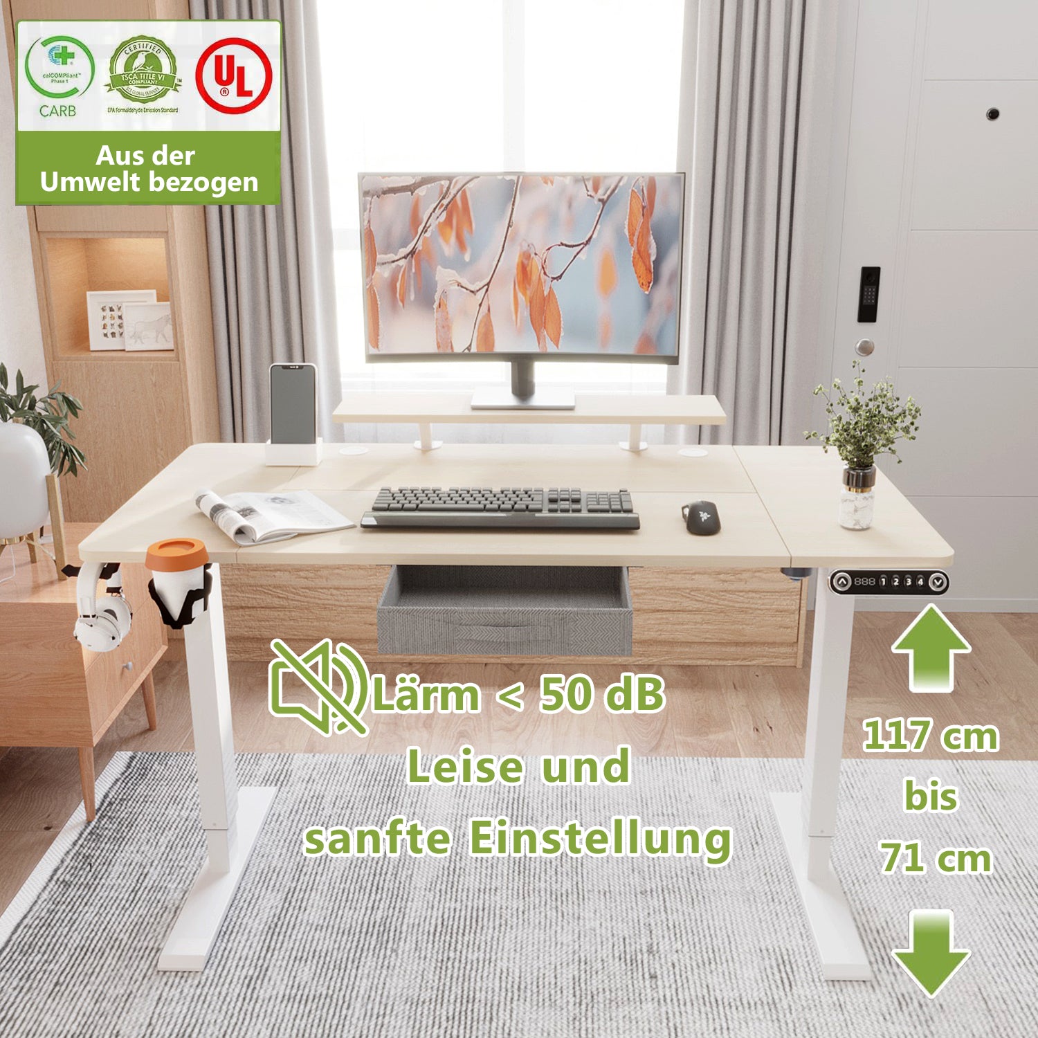 55" x 30" Height Adjustable Electric Sit and Stand for Home&Office with Monitor Stand and Drawer