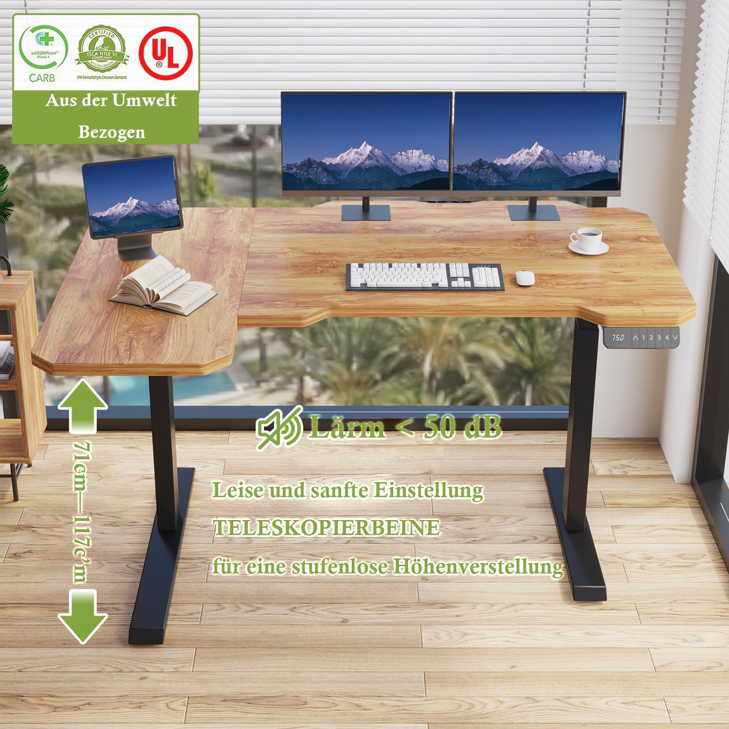 Hilodesk 150cm L-förmiger schreibtisch elektrisch höhenverstellbar eckschreibtisch, mit zwei Motoren, l förmiger tisch stehpult