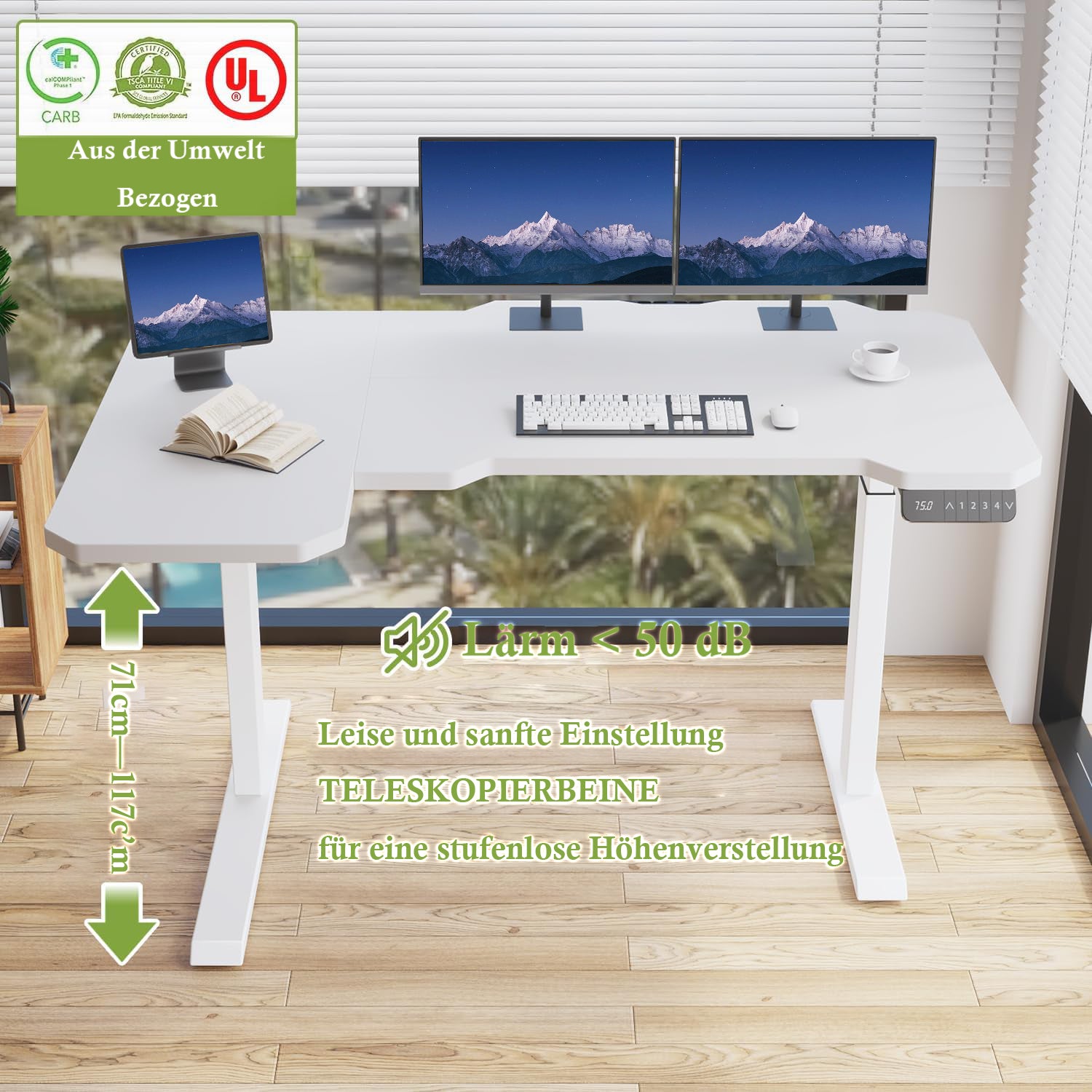Hilodesk 150cm L-förmiger schreibtisch elektrisch höhenverstellbar eckschreibtisch, mit zwei Motoren, l förmiger tisch stehpult