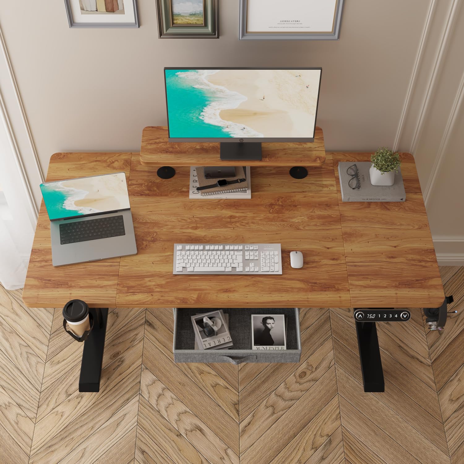 55" x 30" Height Adjustable Electric Sit and Stand for Home&Office with Monitor Stand and Drawer