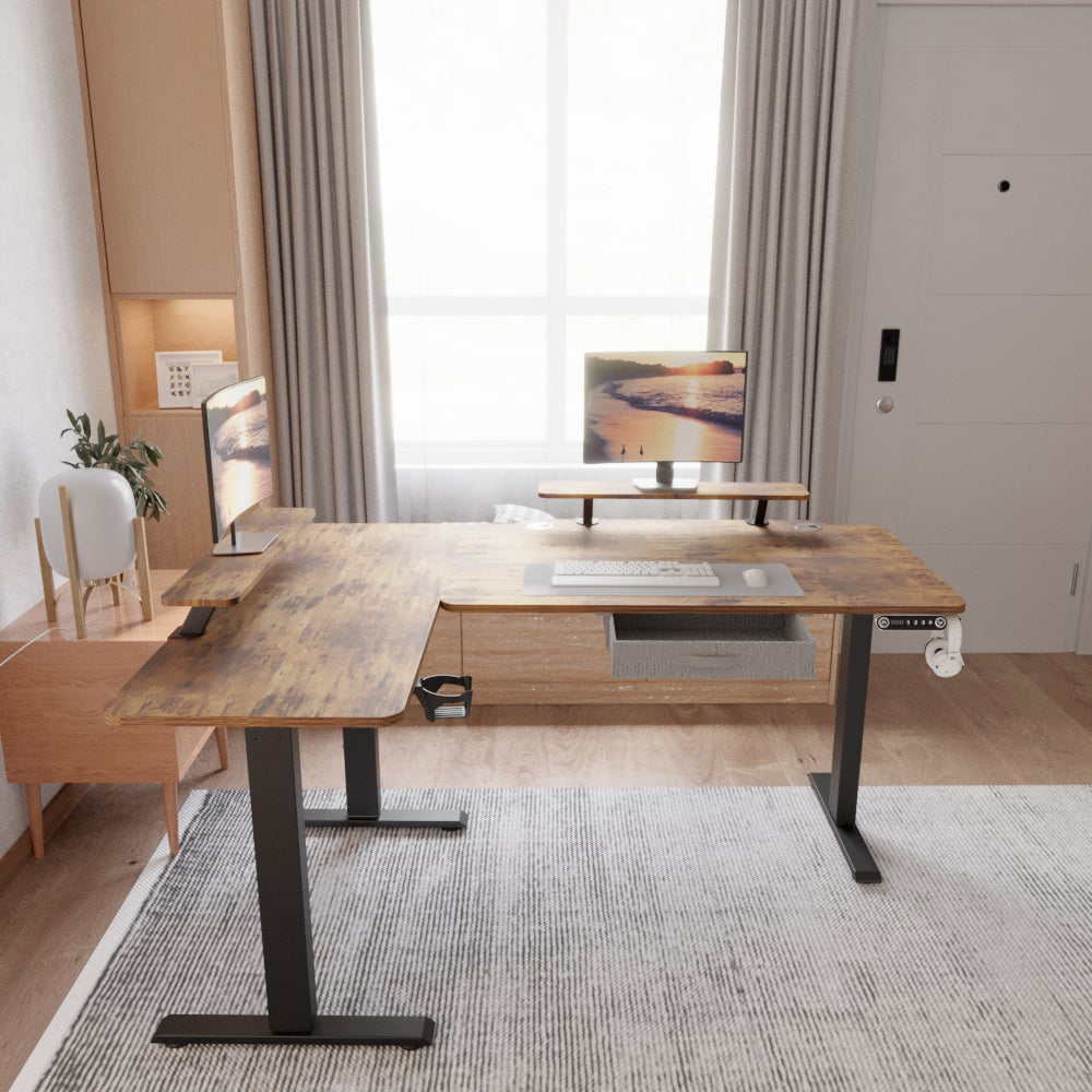 63" x 30" L-Shaped Standing Desk Adjustable Electric Sit and Stand for Home & Office with Monitor Stand and Drawer, Oak