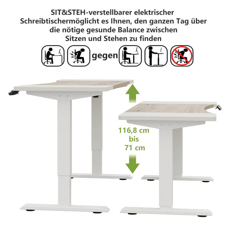 150 x 72cm Schreibtisch Höhenverstellbar Elektrisch,  mit zwei Motoren, mit 4-Funktions-Memory-Steuerung, Rollen, Weiß, Rustikales Braun