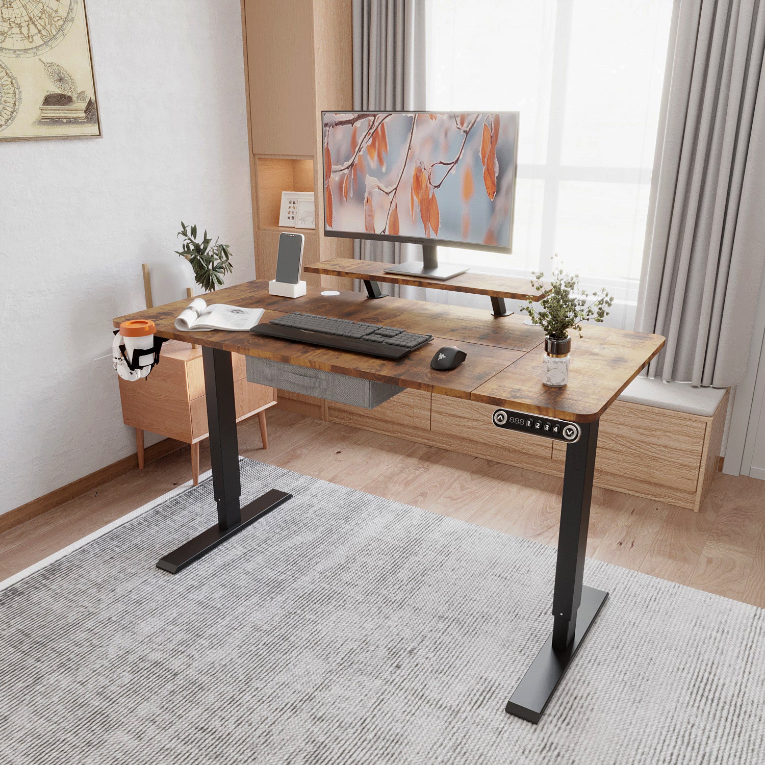 55" x 30" Height Adjustable Electric Sit and Stand for Home&Office with Monitor Stand and Drawer