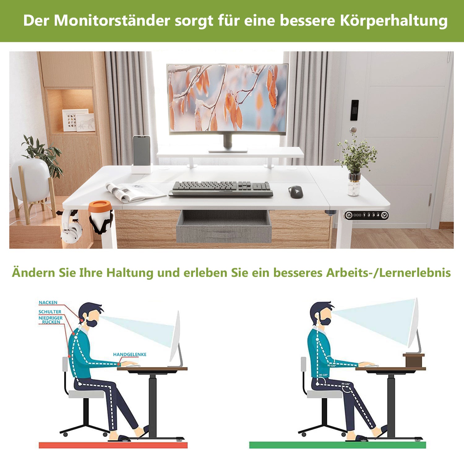 55" x 30" Height Adjustable Electric Sit and Stand for Home&Office with Monitor Stand and Drawer
