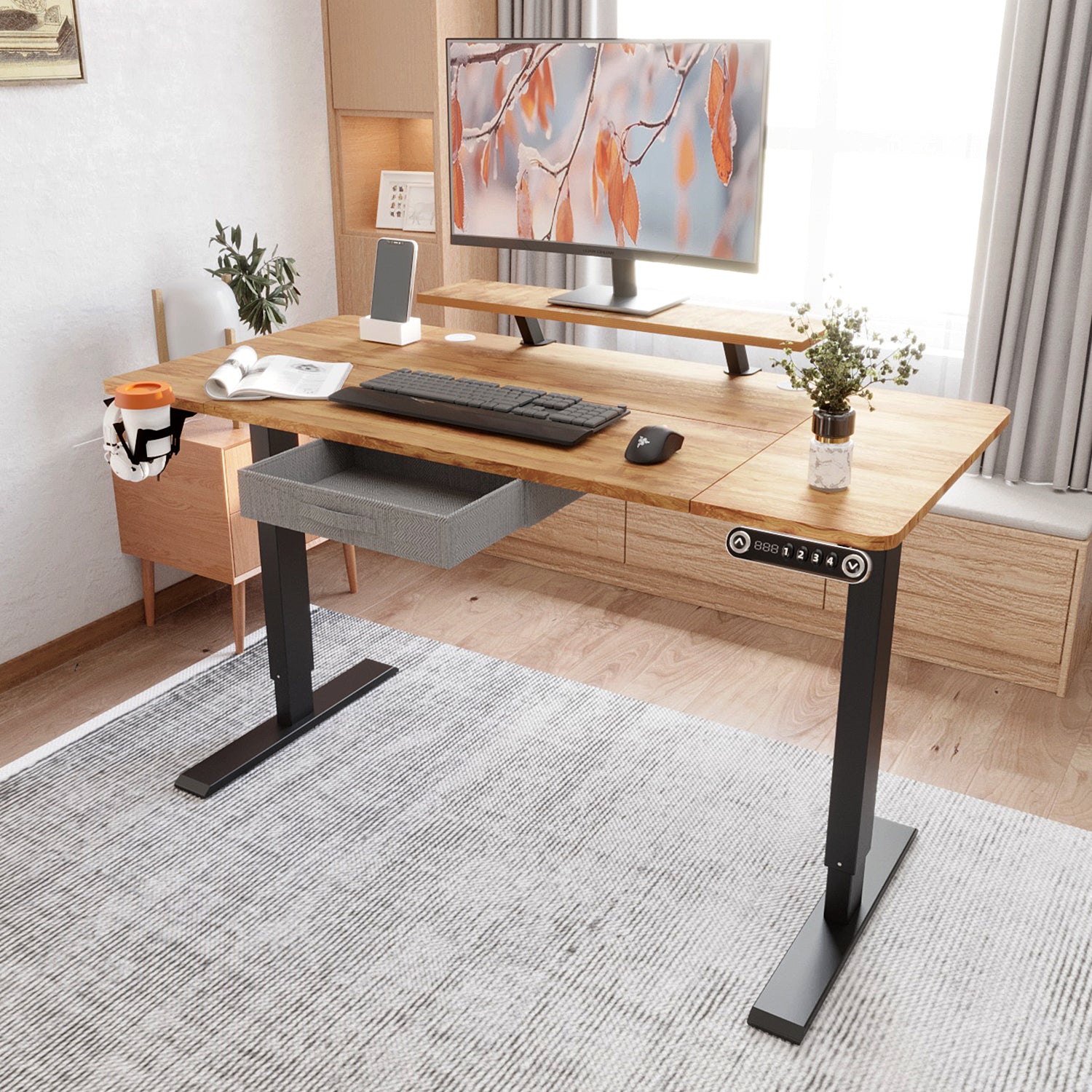 55" x 30" Height Adjustable Electric Sit and Stand for Home&Office with Monitor Stand and Drawer