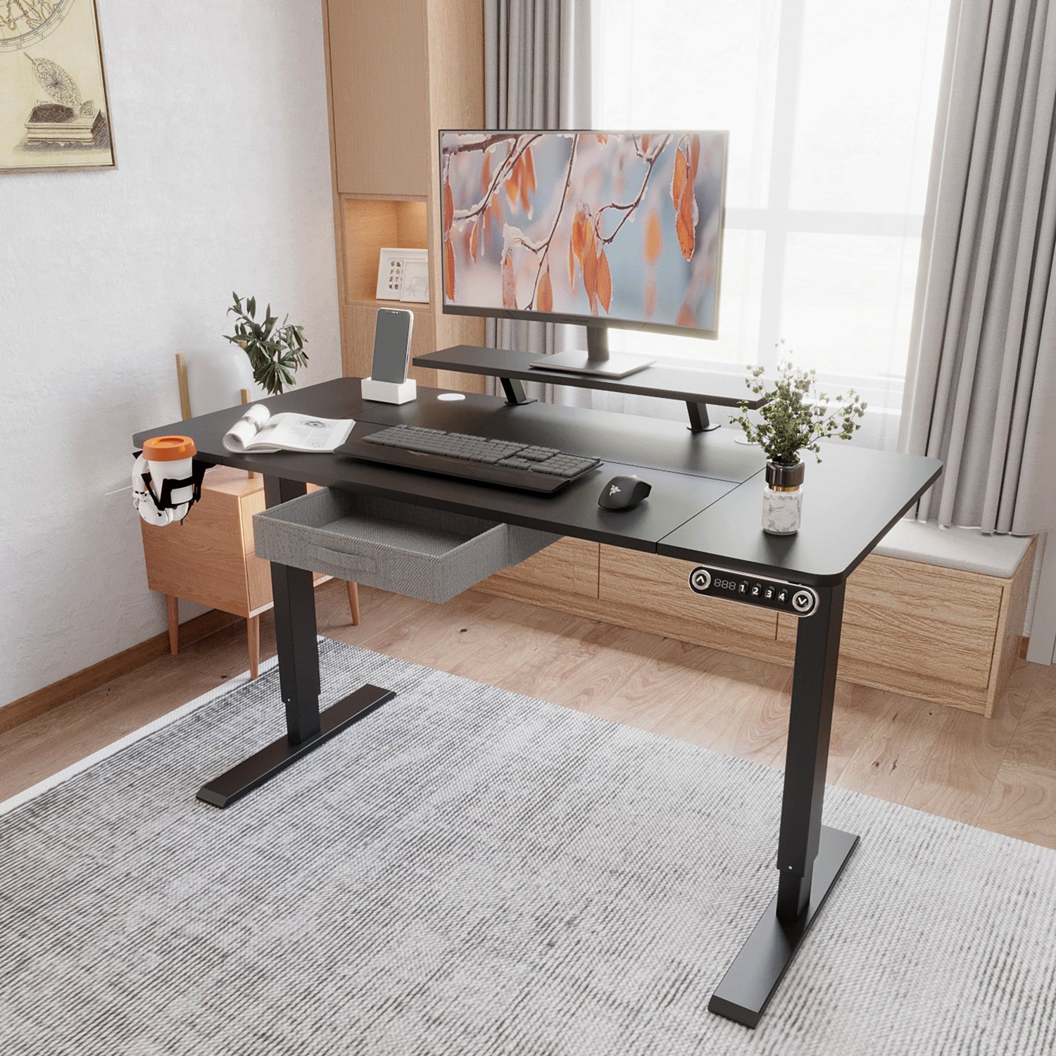 55" x 30" Height Adjustable Electric Sit and Stand for Home&Office with Monitor Stand and Drawer