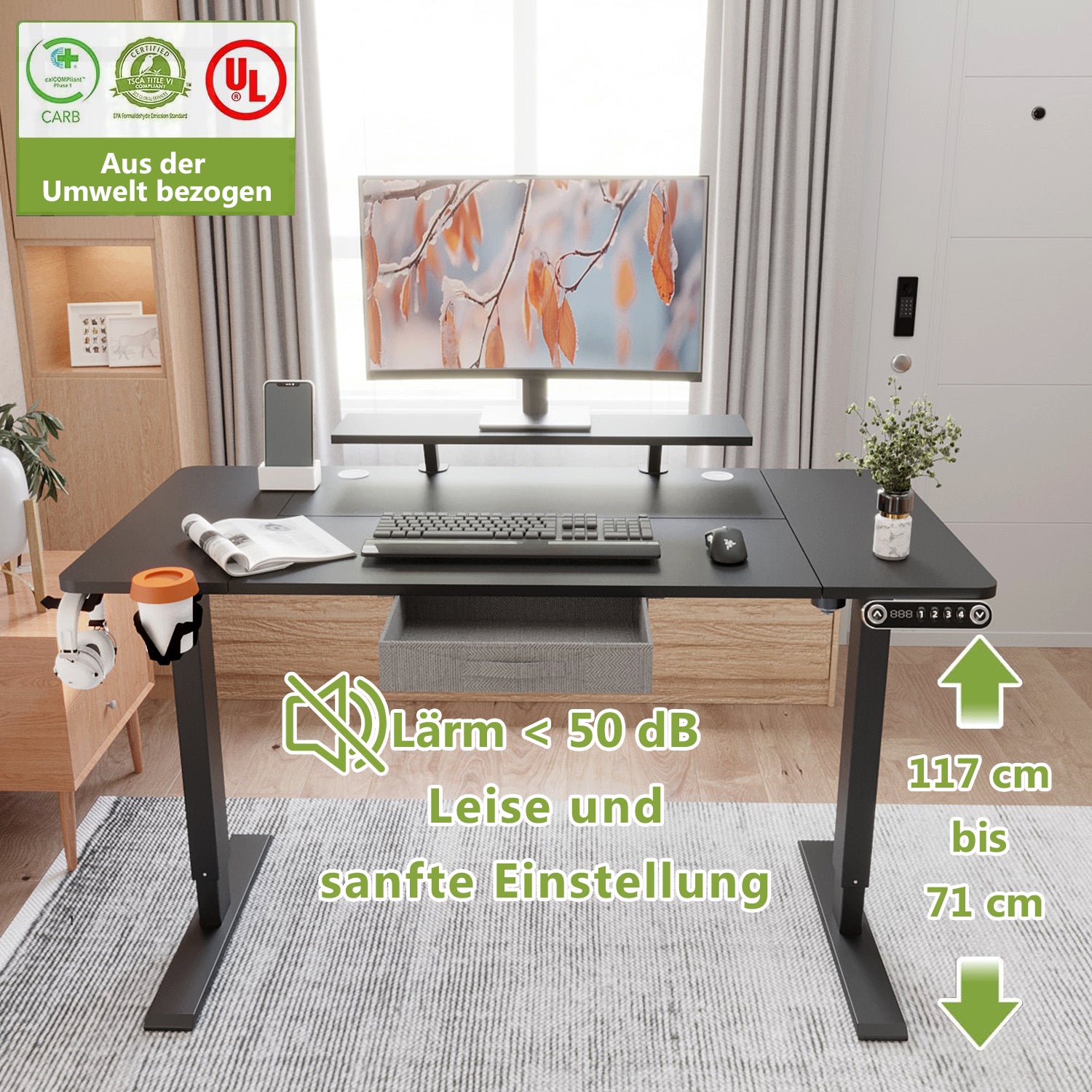55" x 30" Height Adjustable Electric Sit and Stand for Home&Office with Monitor Stand and Drawer