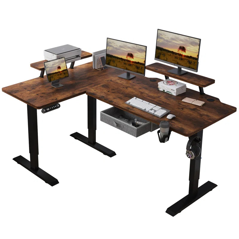 63" x 30" L-Shaped Standing Desk Adjustable Electric Sit and Stand for Home & Office with Monitor Stand and Drawer, Oak