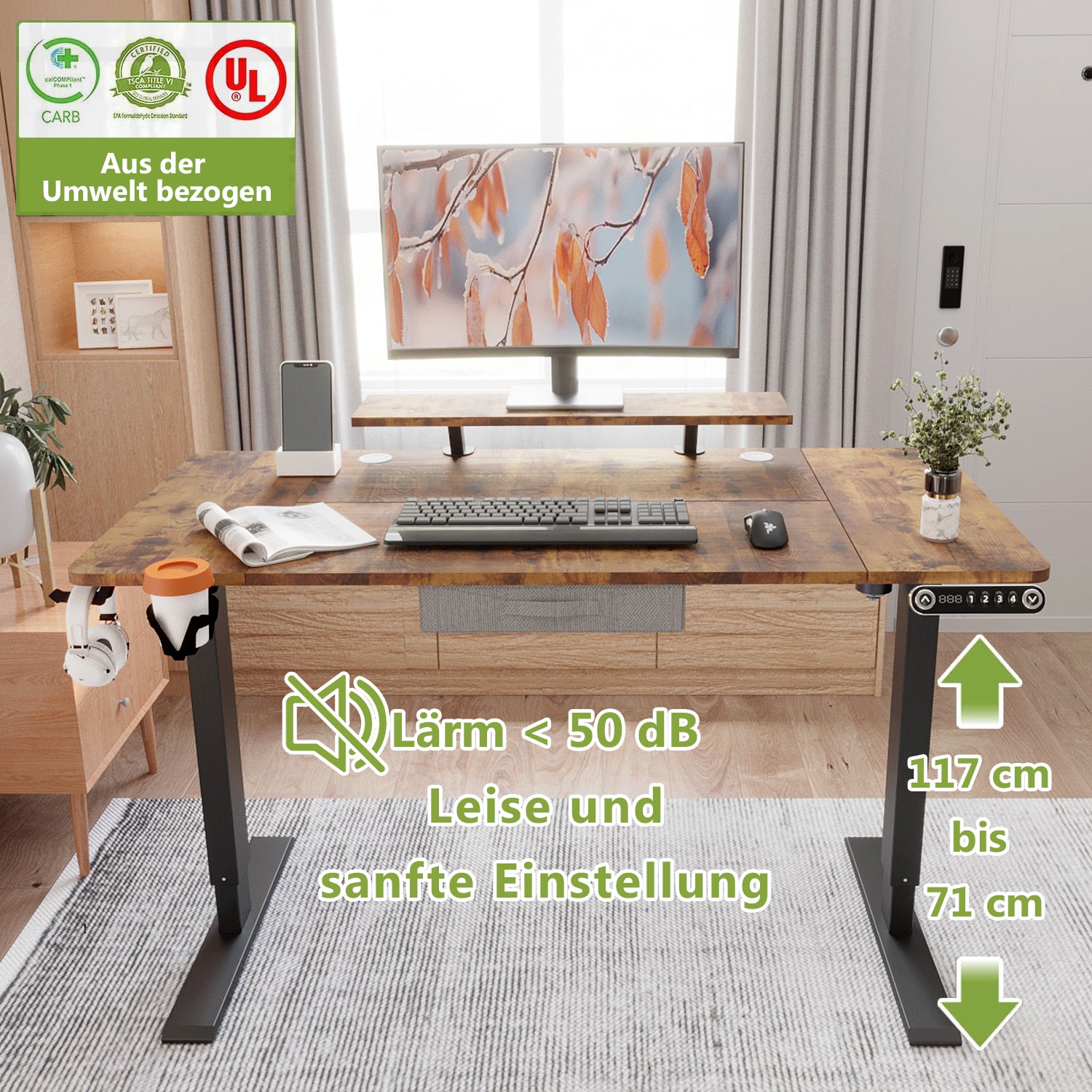 55" x 30" Height Adjustable Electric Sit and Stand for Home&Office with Monitor Stand and Drawer