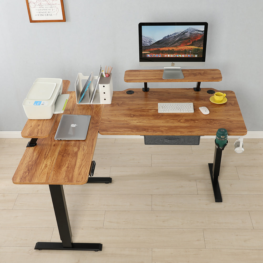 63" x 30" L-Shaped Standing Desk Adjustable Electric Sit and Stand for Home & Office with Monitor Stand and Drawer, Oak