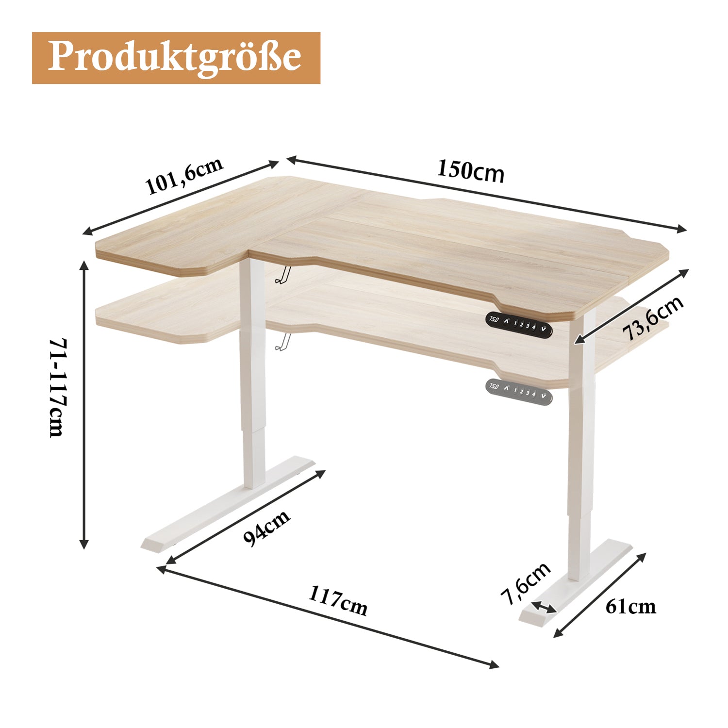 150 x 100cm Schreibtisch Höhenverstellbar Elektrisch, L-förmiger Stehpult, Rollen, Rustikales Braun, Schwarz, Helle Eiche