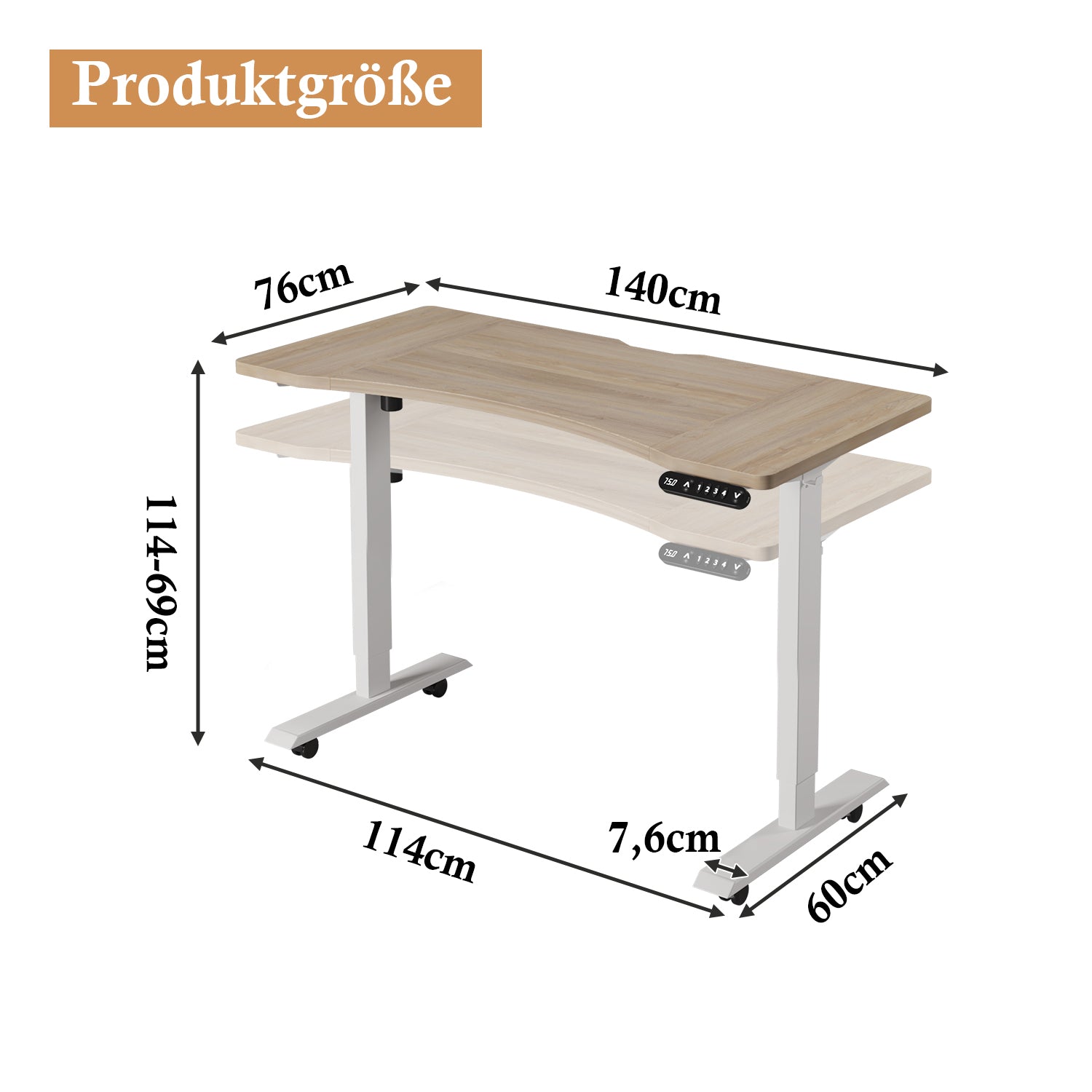 140 x 76cm Stehpult Höhenverstellbar Elektrisch, für Büro & Home-Office, Rollen, Rustikales Braun, Helle Eiche