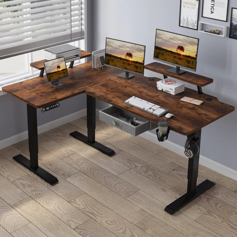 63" x 30" L-Shaped Standing Desk Adjustable Electric Sit and Stand for Home & Office with Monitor Stand and Drawer, Oak