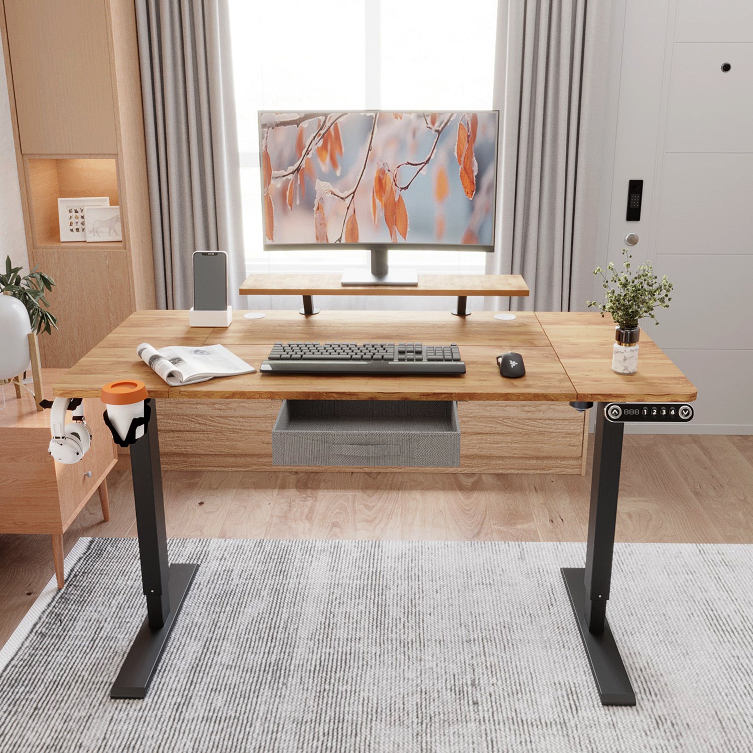 55" x 30" Height Adjustable Electric Sit and Stand for Home&Office with Monitor Stand and Drawer