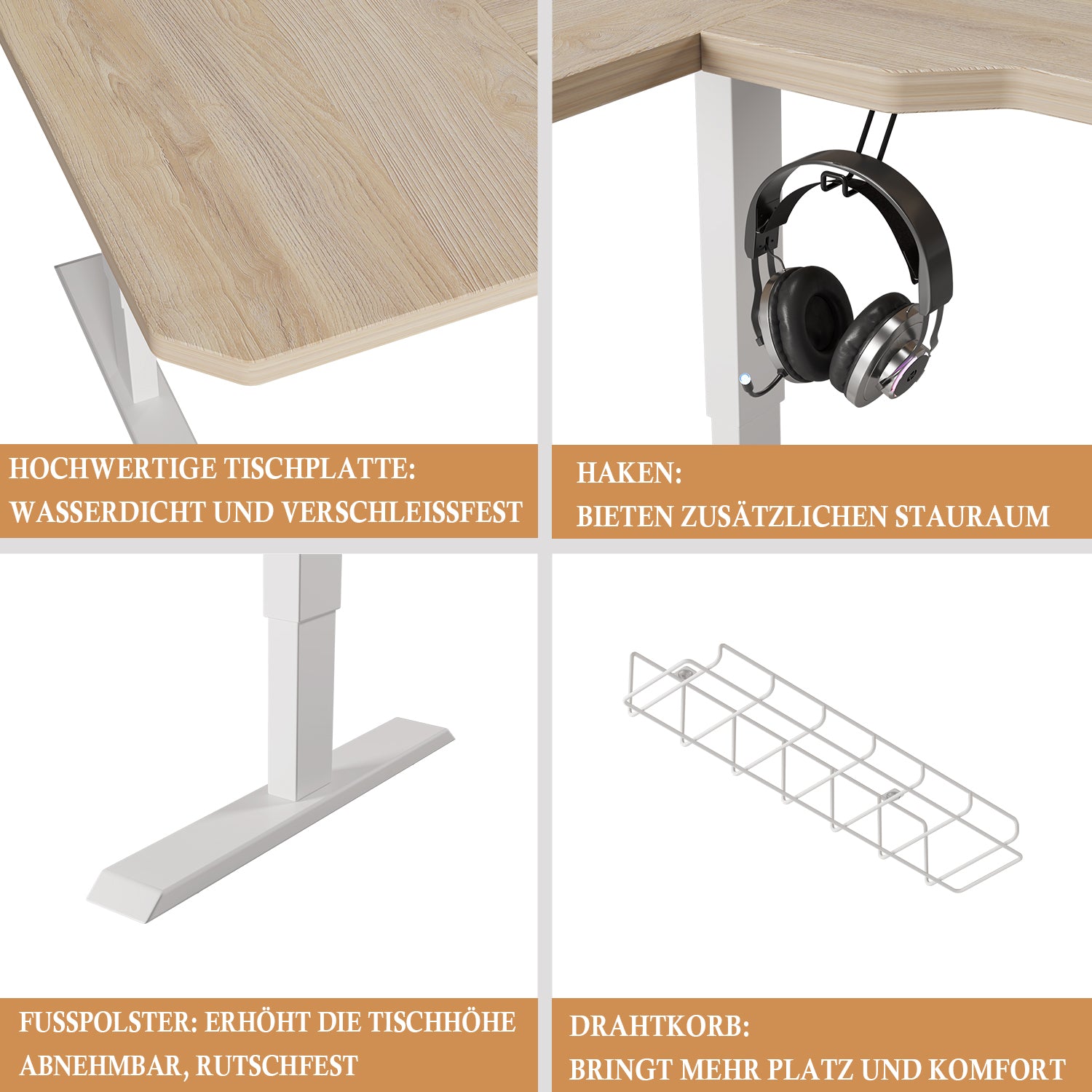 150 x 100cm Schreibtisch Höhenverstellbar Elektrisch, L-förmiger Stehpult, Rollen, Rustikales Braun, Schwarz, Helle Eiche