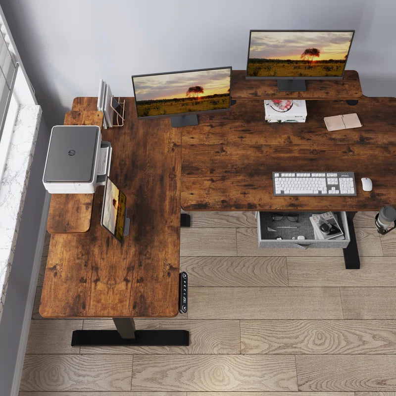 63" x 30" L-Shaped Standing Desk Adjustable Electric Sit and Stand for Home & Office with Monitor Stand and Drawer, Oak