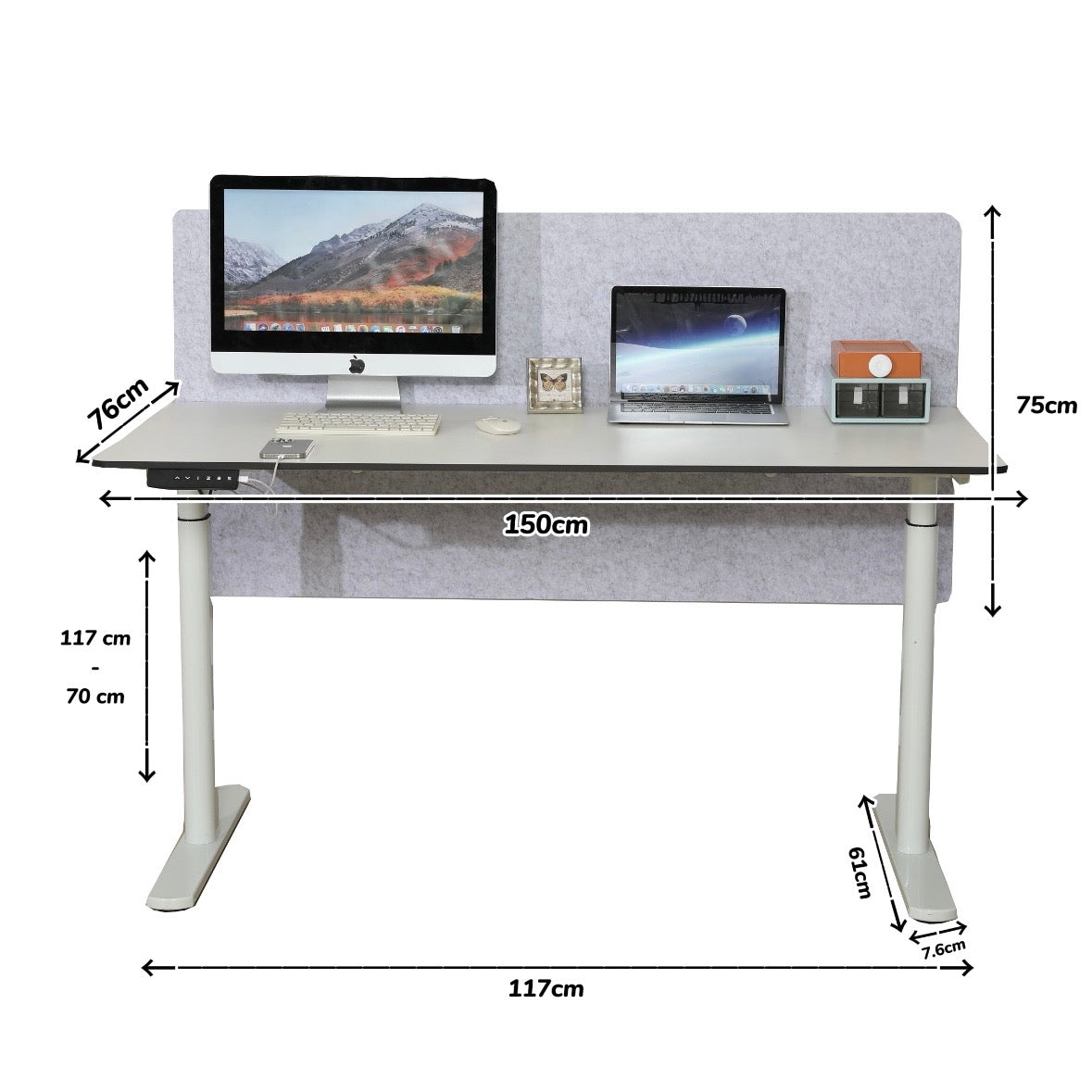 Hilodesk Höhenverstellbarer Schreibtisch elektrisch, 150 x 76 cm Tischoberfläche, Memory-Funktion mit 3 Höhen, Auffahrschutz, Braun, Weiß, Vollständiger Desktop