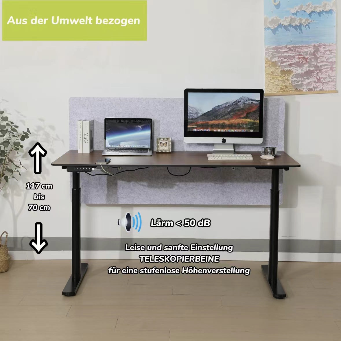 Hilodesk Höhenverstellbarer Schreibtisch elektrisch, 150 x 76 cm Tischoberfläche, Memory-Funktion mit 3 Höhen, Auffahrschutz, Braun, Weiß, Vollständiger Desktop
