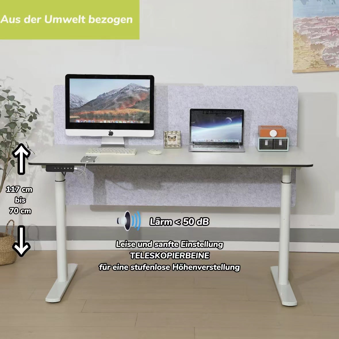 Hilodesk Höhenverstellbarer Schreibtisch elektrisch, 150 x 76 cm Tischoberfläche, Memory-Funktion mit 3 Höhen, Auffahrschutz, Braun, Weiß, Vollständiger Desktop