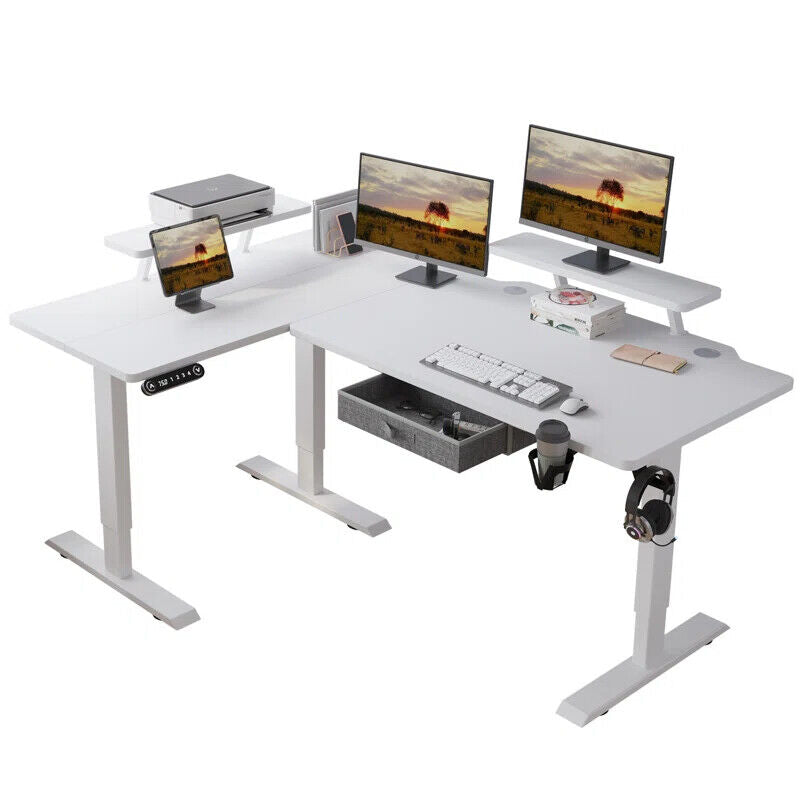 63" x 30" L-Shaped Standing Desk Adjustable Electric Sit and Stand for Home & Office with Monitor Stand and Drawer, Oak