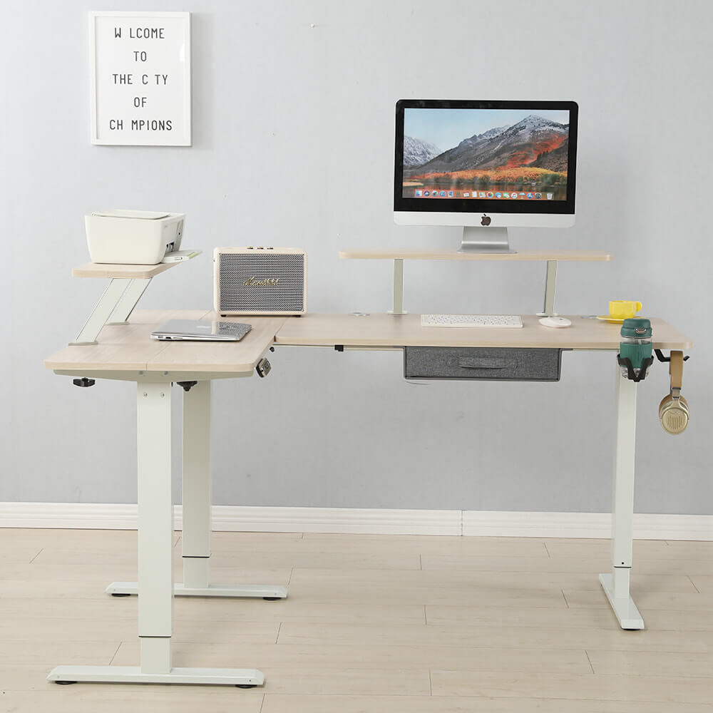 63" x 30" L-Shaped Standing Desk Adjustable Electric Sit and Stand for Home & Office with Monitor Stand and Drawer, Oak